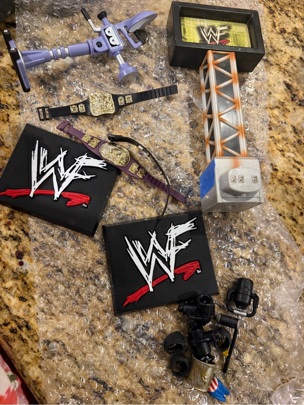 WWE Wrestling Action Figure Accessory belts camera vintage signs
